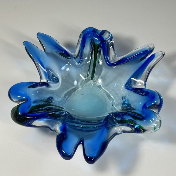 Hand-Blown  Style Art Glass Bowl - Blue & Green Wave Design - Picture 5 of 9